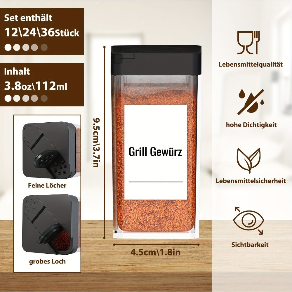 24 Piezas de Tarros Cuadrados de Boca Ancha con Dispensador de Polvo Perforado y Tapas Abatibles - Botellas de Especias de Plástico Ideales para Almacenamiento/Esenciales para BBQ al Aire Libre, Contenedores Ligeros y Pequeños (Económicos)