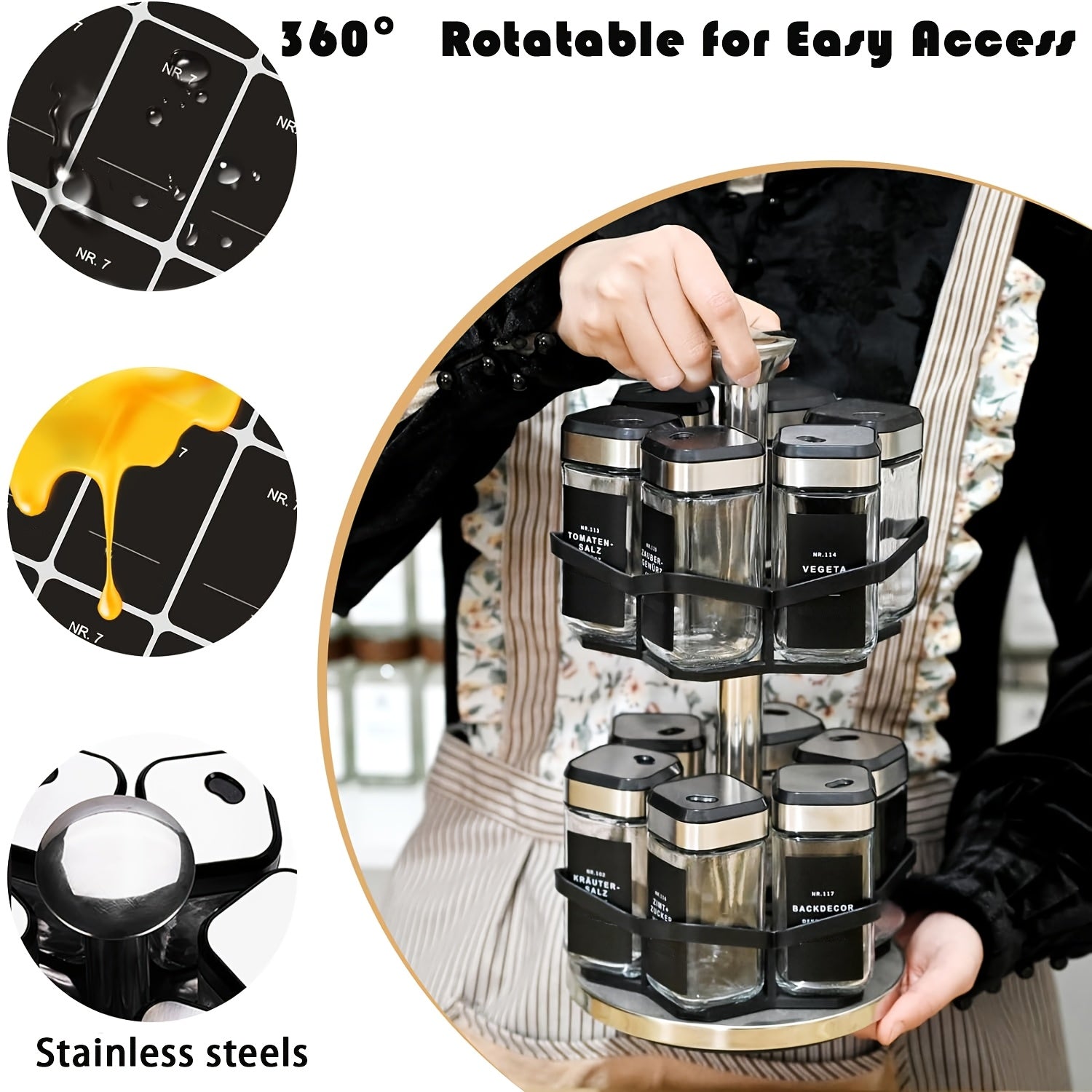 Organizador de Especias Giratorio de Dos Niveles con 6 o 12 Frascos de Especias de 120 ml Cada Uno, Diseñado para una Fácil Selección con Rotación de 360° y Orificios de Tamiz, Hecho de Acero Inoxidable para una Organización Práctica de Especias