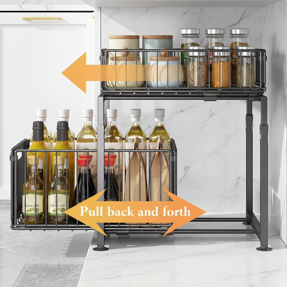 Organizador de 2 niveles para debajo del fregadero, cajones extraíbles, acero al carbono, almacenamiento para cocina y baño, almacenamiento deslizante sin taladrar para cocina, altura ajustable, , gran capacidad de carga