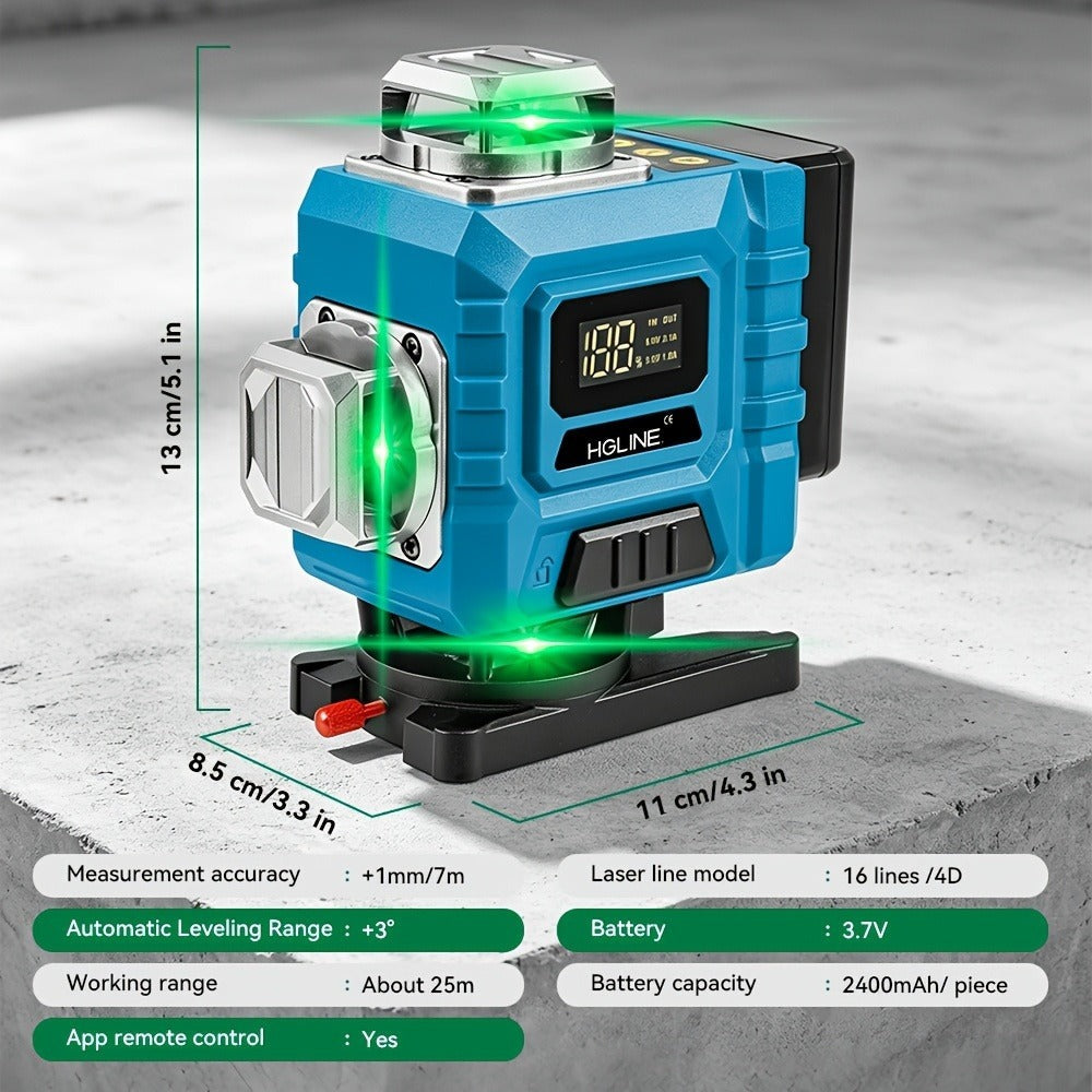 1 Juego de Nivel Láser de 16 Líneas con Nivelación Automática, Herramienta de Nivel Láser de Línea Cruzada Verde 4D de 4x360°, Trípode como Accesorio Opcional, Para Construcción y Colgar Cuadros