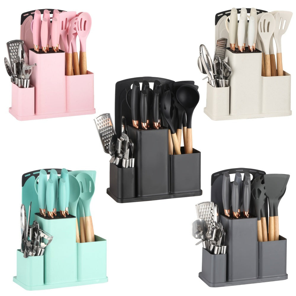 Colección de 20 piezas de cuchillos profesionales con soporte. Cuchillo de chef, cuchillo de carnicero, cuchillo para pan, cuchillo para rebanar, cuchillo deshuesador y utensilios de cocina completos. Construcción de espiga completa con mangos antidesliza