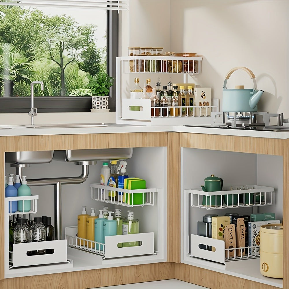 1 estante extraíble de doble capa para debajo del fregadero, estante multifuncional de acero al carbono para cocina y baño, adecuado para organizador de artículos esenciales y de limpieza - Negro/Blanco