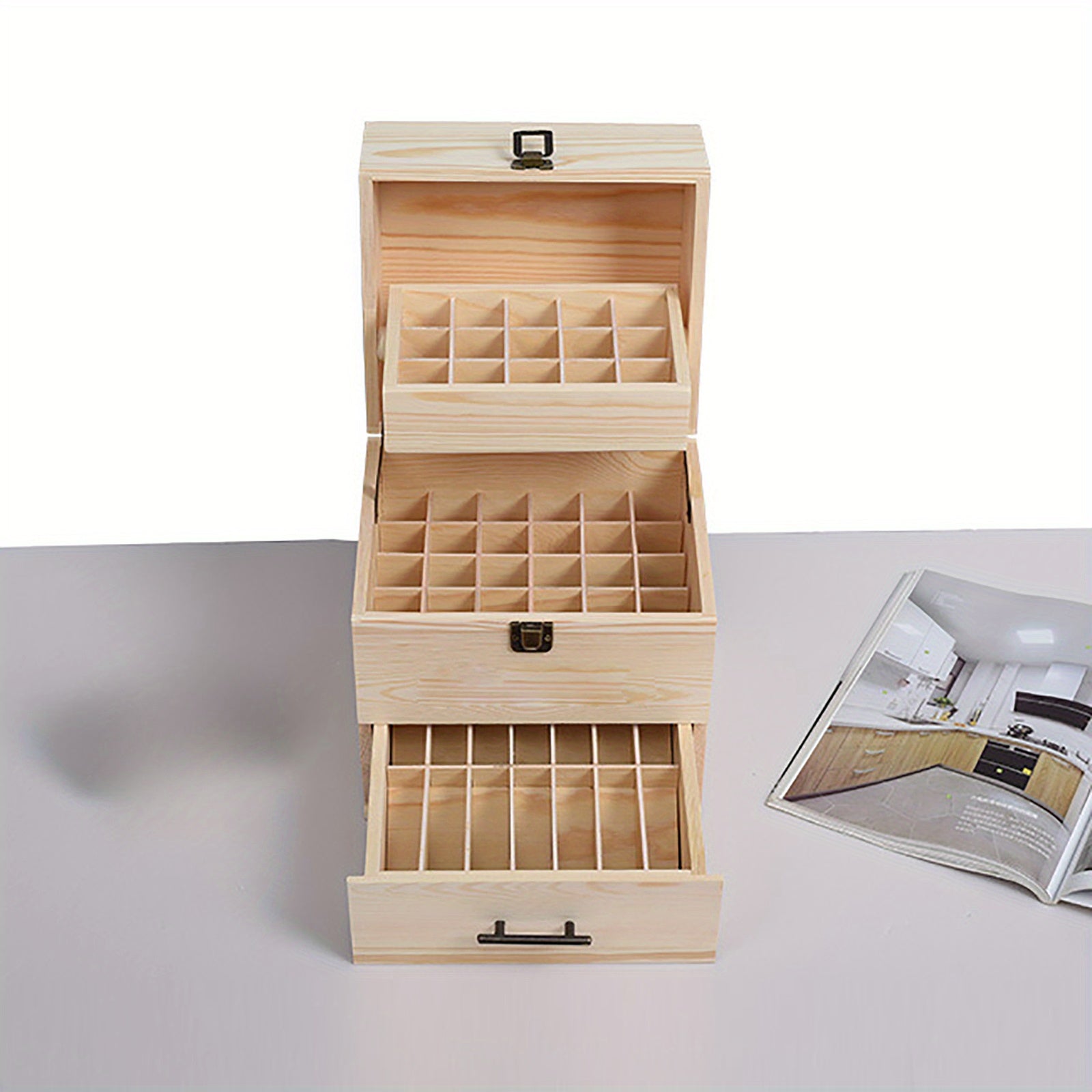 Caixa de Almacenamiento de Aceites Esenciales de Madera de 3 Capas, Caja con 59 Compartimentos para Aceites Esenciales, Contenedor de Madera para Esmalte de Uñas y Aceites Aromáticos, Caja con 59 Agujeros que Sostiene Botellas de 15 ml y 10 ml