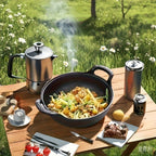 Wok de hierro fundido de 7.87 pulgadas con mango de anillo — Wok pre-temperado con revestimiento antiadherente y fondo plano, apto para placas de inducción, estufas de gas, estufas eléctricas, hornos y parrillas. Incluye una tapa. Ideal para camping inter