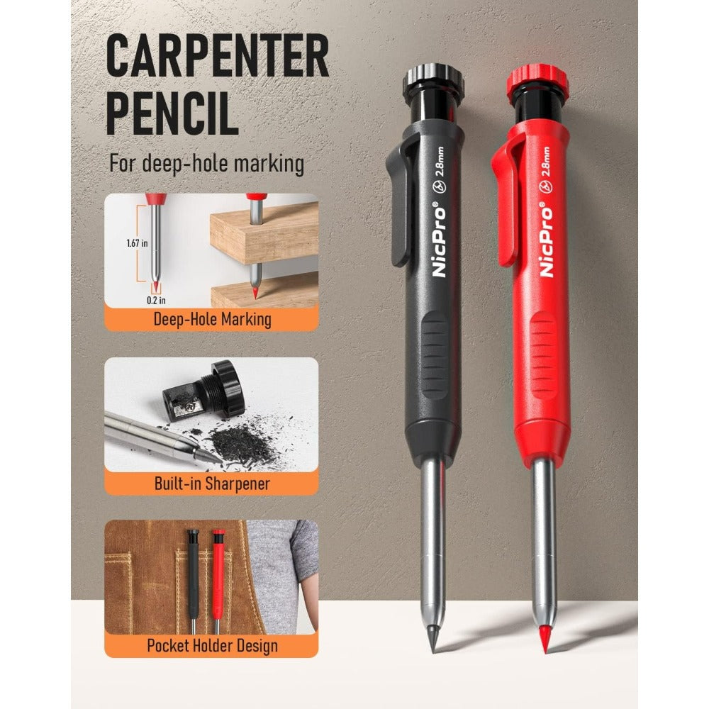 Juego de lápices de carpintero 15/18/27 unidades con sacapuntas, lápices mecánicos de carpintero con recambio, punzón central automático y herramienta de trazado de carburo, lápiz de construcción de alta resistencia para arquitecto - con estuche