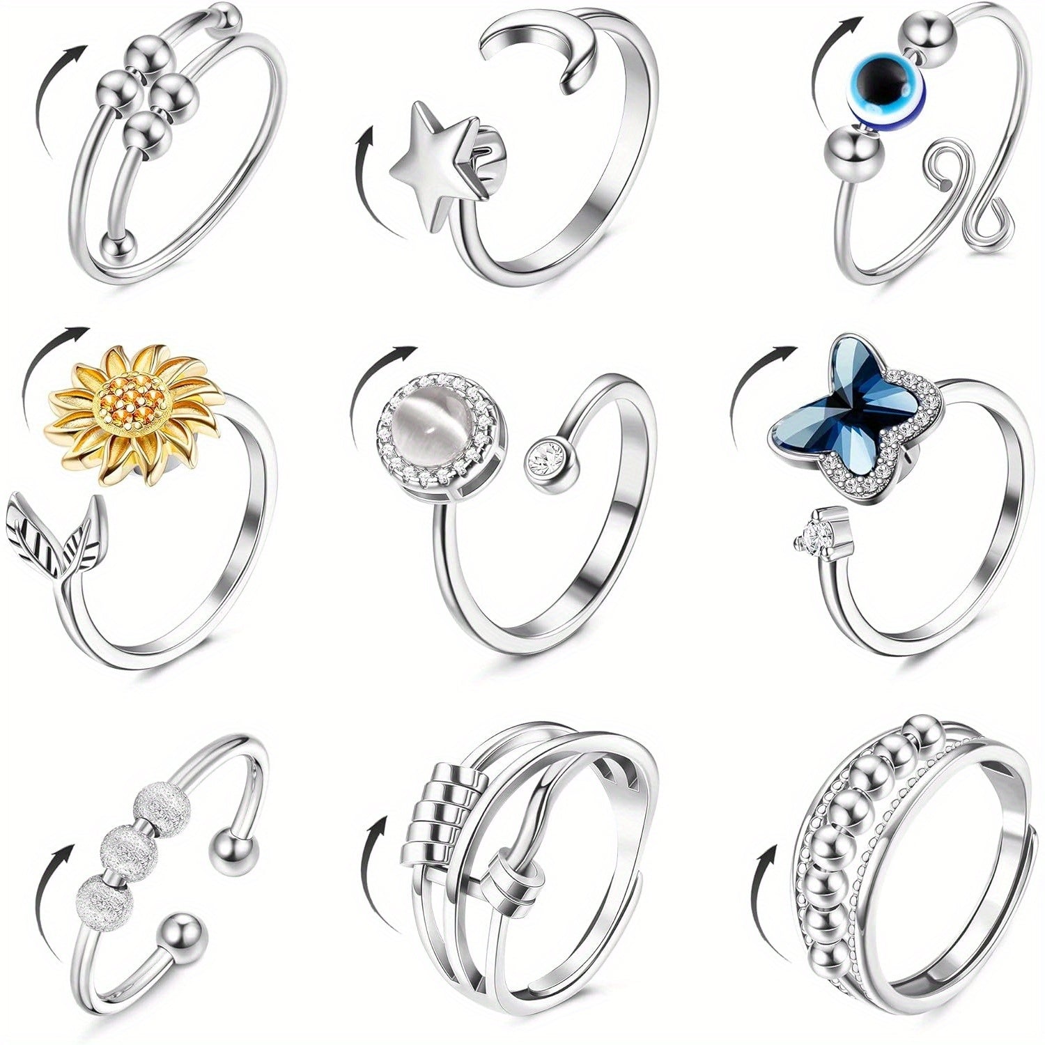 9 anillos Fidget Spinner para mujeres y hombres, anillos abiertos CZ con forma de flor, luna y estrella, anti giratorios, ajustables