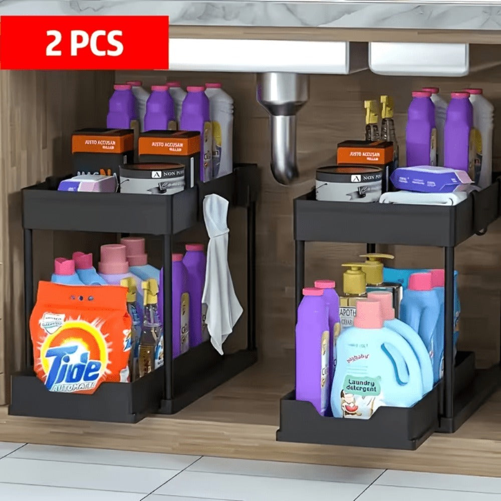 2 Paquetes de Organizadores y Almacenamiento Debajo del Fregadero, Organizador de Cesta Deslizante de 2 Niveles con Ganchos, Organizadores y Almacenamiento Multiusos Debajo del Fregadero para Baño y Cocina