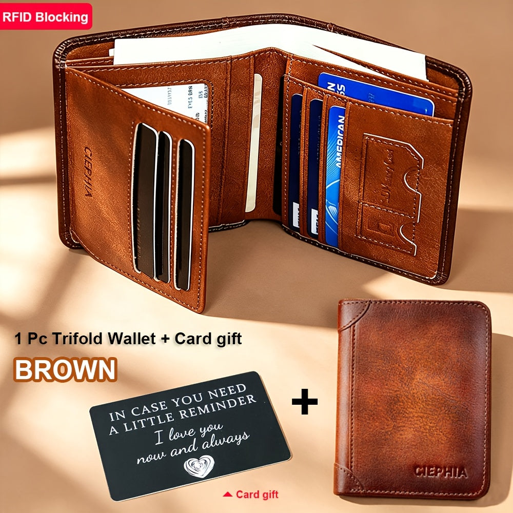 Cartera de Cuero Genuino para Hombre con Juego de Tarjetas de Bendición, Bloqueo RFID, Ultra Delgada, Piel de Vaca de Primera Calidad, Porta Tarjetas de Identificación y Crédito Multifuncional Compacto, Regalo para Navidad, Día de San Valentín y Día del P