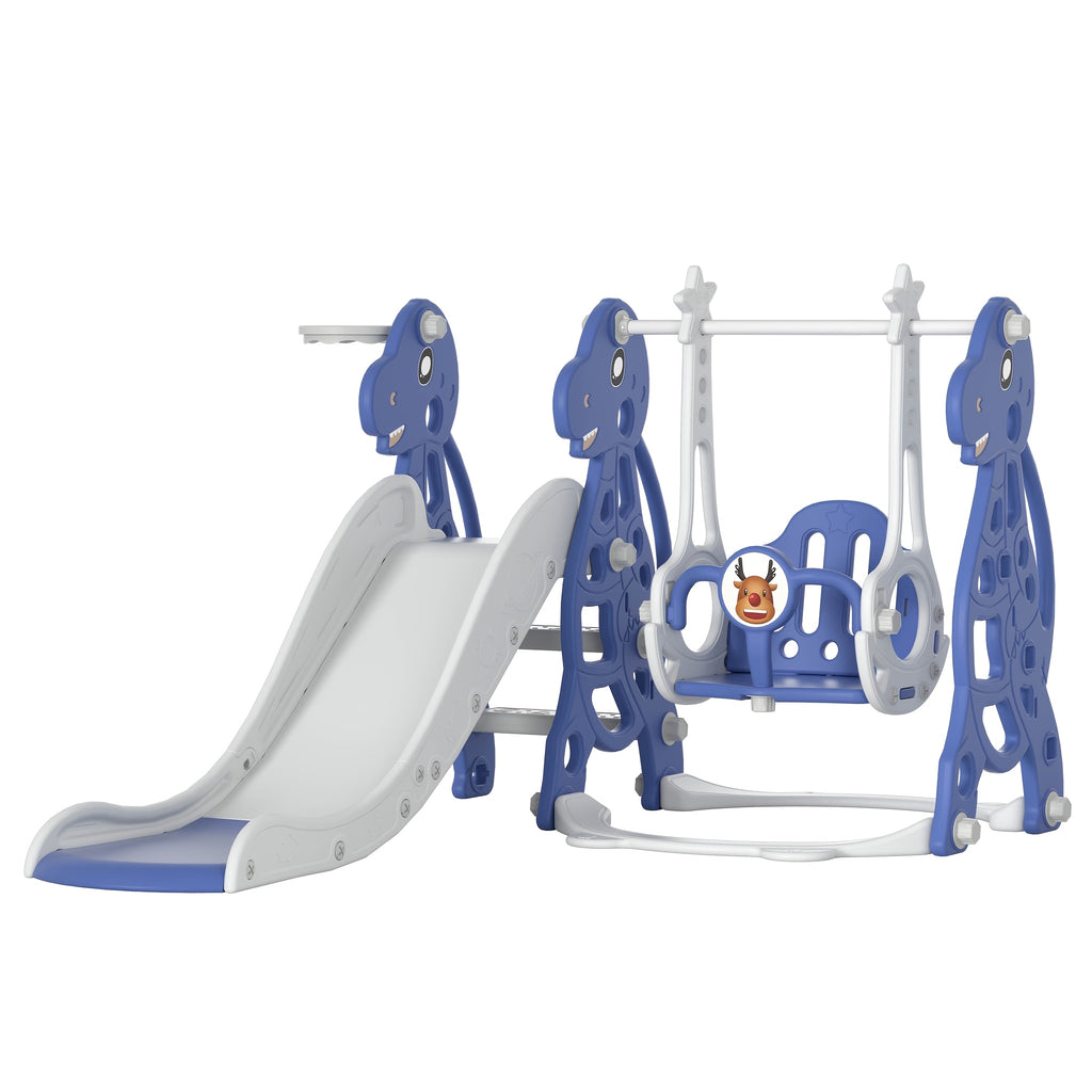 Tobogán infantil 4 en 1, tobogán con columpio y canasta de baloncesto, longitud del tobogán 145 cm, parque infantil multifuncional, para uso en interiores y exteriores, con peldaños y soportes extra anchos