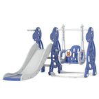 Tobogán infantil 4 en 1, tobogán con columpio y canasta de baloncesto, longitud del tobogán 145 cm, parque infantil multifuncional, para uso en interiores y exteriores, con peldaños y soportes extra anchos