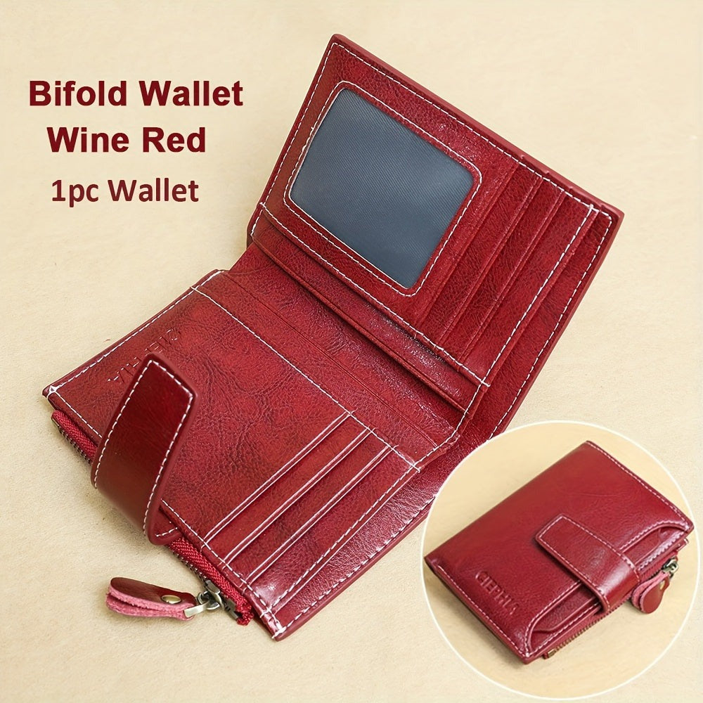 Monedero Ciephia de Cuero Genuino con Bloqueo RFID - Rojo Compacto con Detalles Dorados, 14 Ranuras para Tarjetas, Ventana Extraíble para DNI y Bolsillo con Cremallera para Monedas, Regalo Casual para San Valentín o el Día de la Madre, Apto para Hombres y