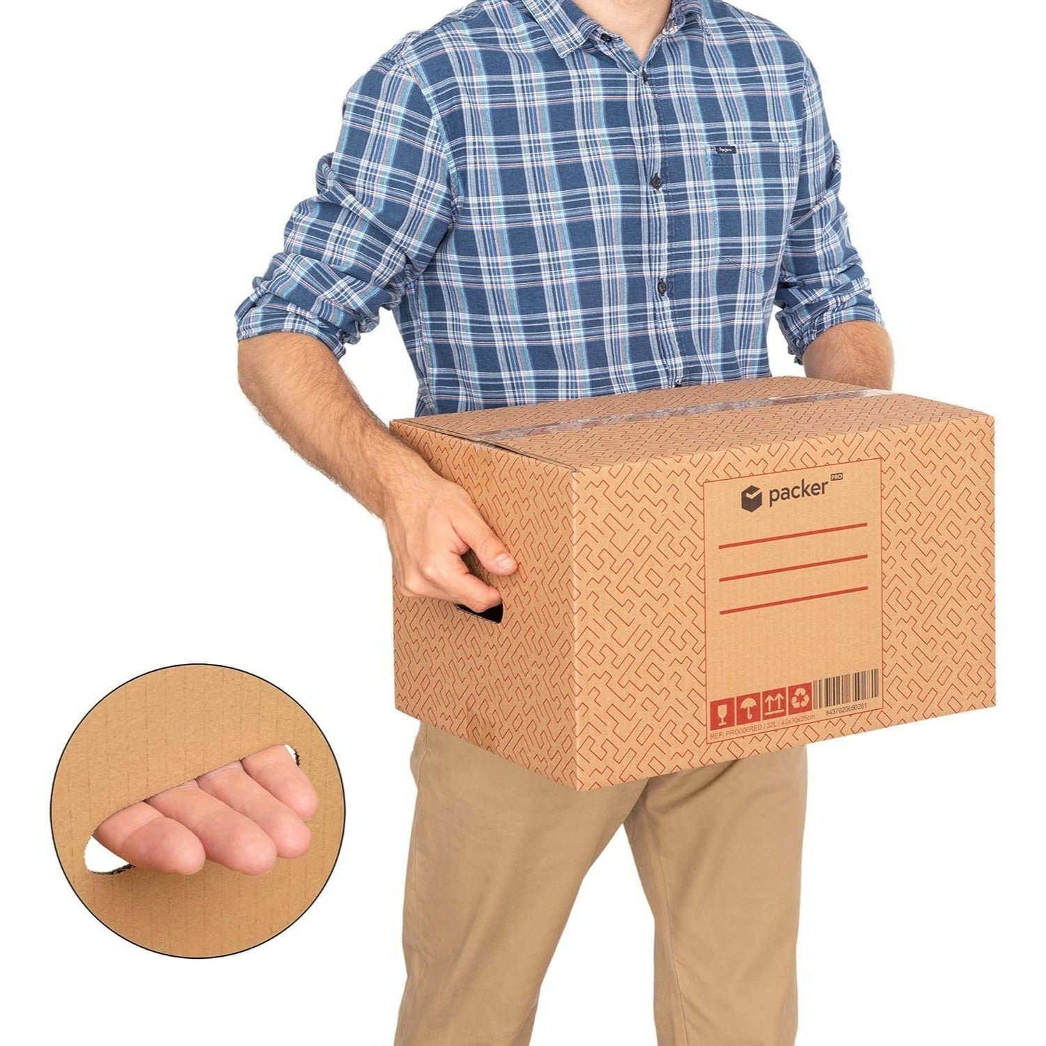Caja Cartón para Mudanzas y Almacenaje Ultra Resistentes con Asas, Fabricadas en Cartón Duro, Ideal para Mudanzas o Almacenaje de Libros y Ropa, Transporte Cómodo y Seguro gracias a las Asas Laterales - packer PRO