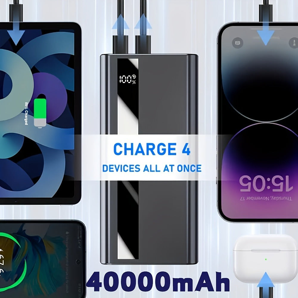 40000mAh Power Bank Cargador Portátil - Soporte PD 22.5W y QC4.0 Carga Rápida con 2 Cables de Salida Integrados y Pantalla LED para iPhone, Teléfonos Android y la Mayoría de Dispositivos Electrónicos