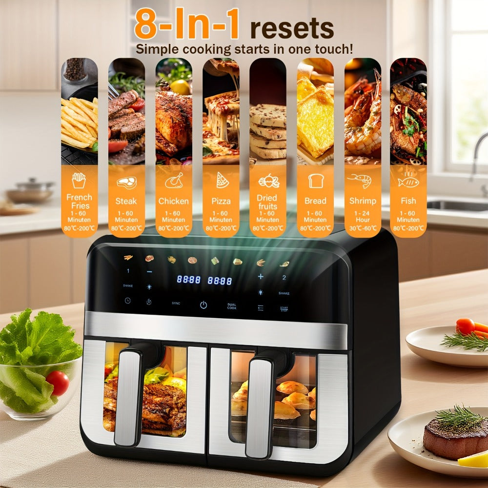 Freidora de aire de 9L con doble puerta y doble compartimento (4.5L+4.5L) - Calentamiento rápido de 2400W, ajustes preestablecidos inteligentes 8 en 1 (aves, pescado, pizza, pan), interfaz tipo pantalla táctil, temporizador de 60 min, control de temperatu