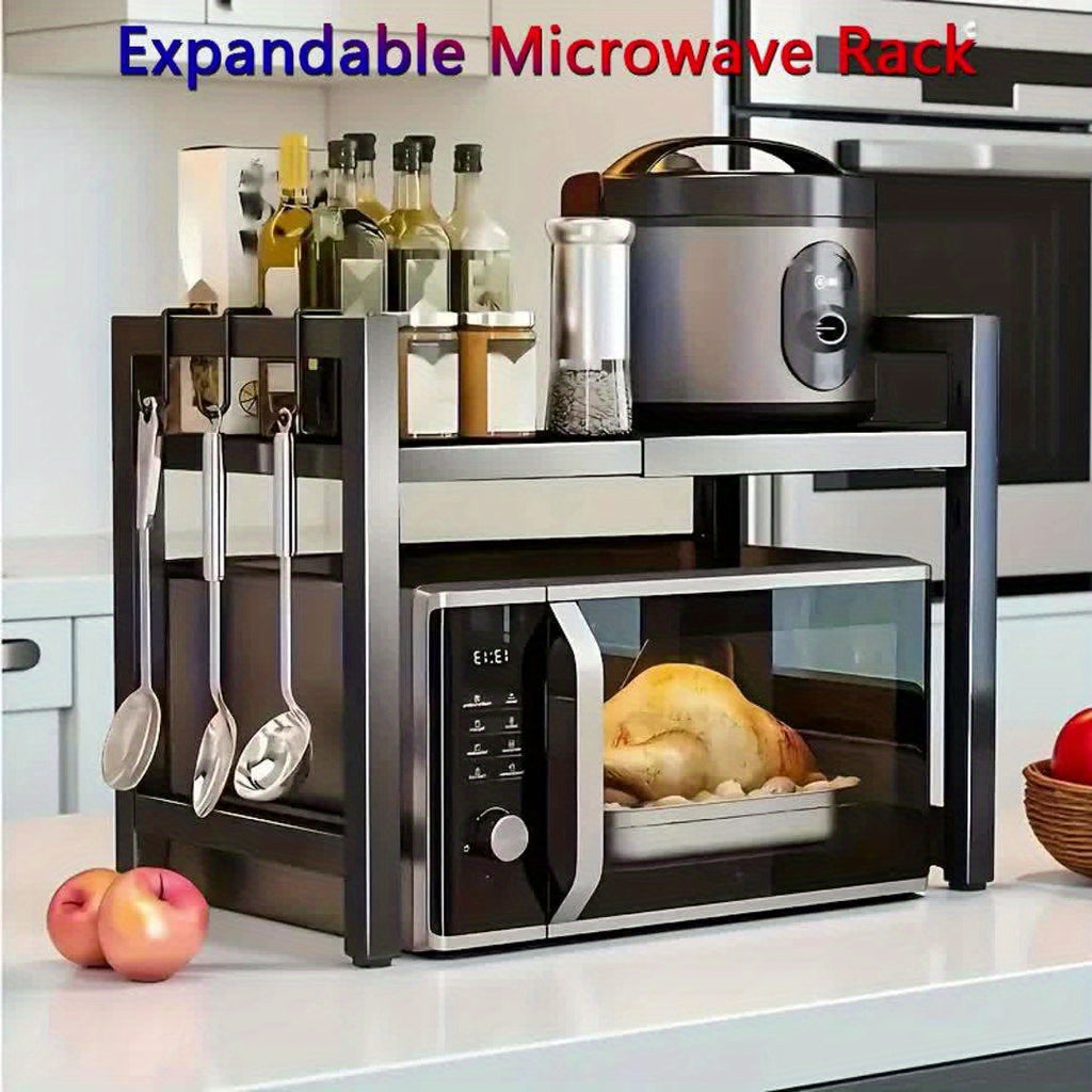Estante de microondas ajustable y expandible - Estante de encimera de acero al carbono resistente para almacenamiento de cocina, utensilios y organizador de vajilla, ancho ajustable de 40-64 cm, altura ajustable de 32-2 cm - Diseño que ahorra espacio para
