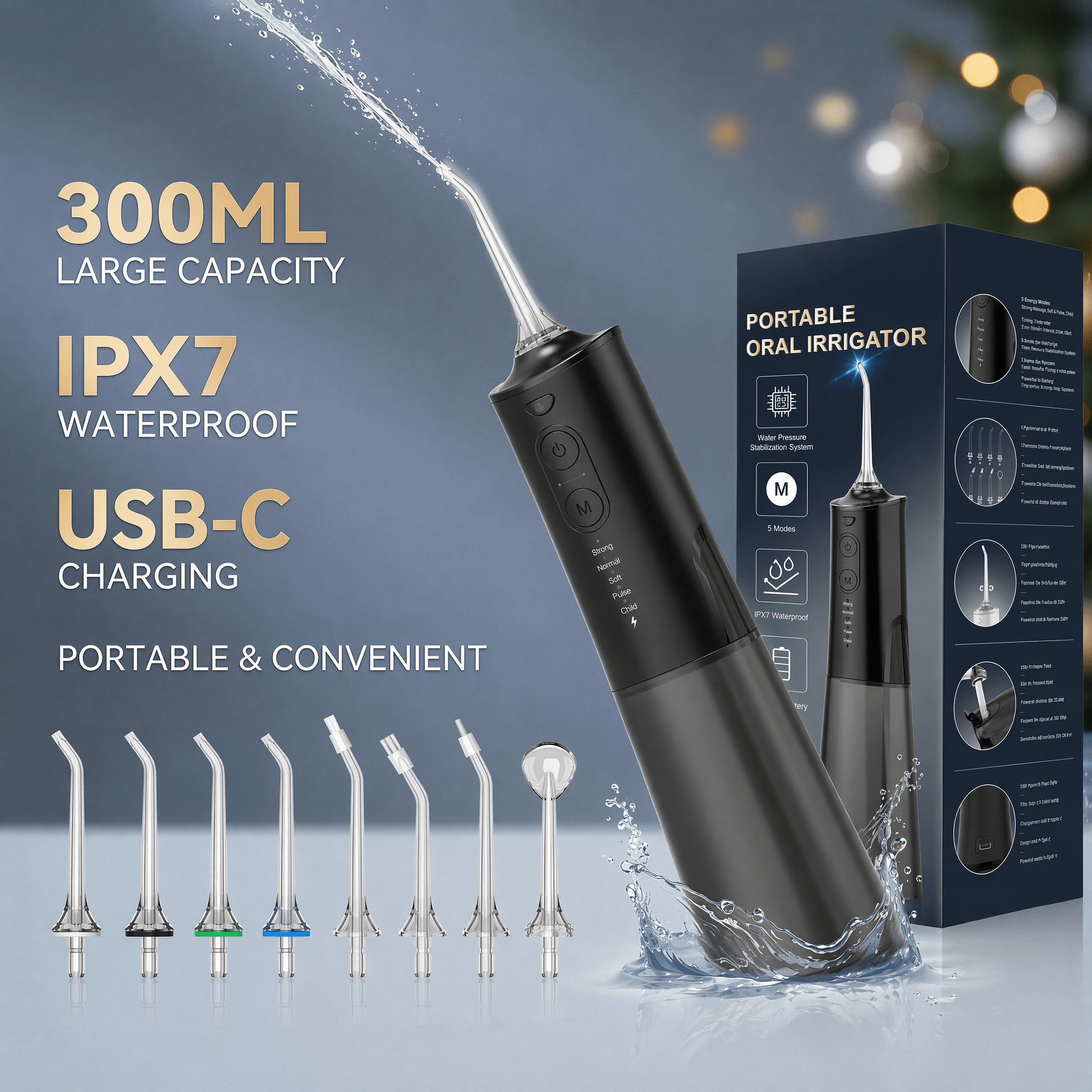 Irrigador bucal portátil recargable, hilo dental con agua para dientes, irrigador dental inalámbrico profesional 8 boquillas 5 modos, IPX7 a prueba de agua 300ML para limpiar los dientes, hogar y viaje