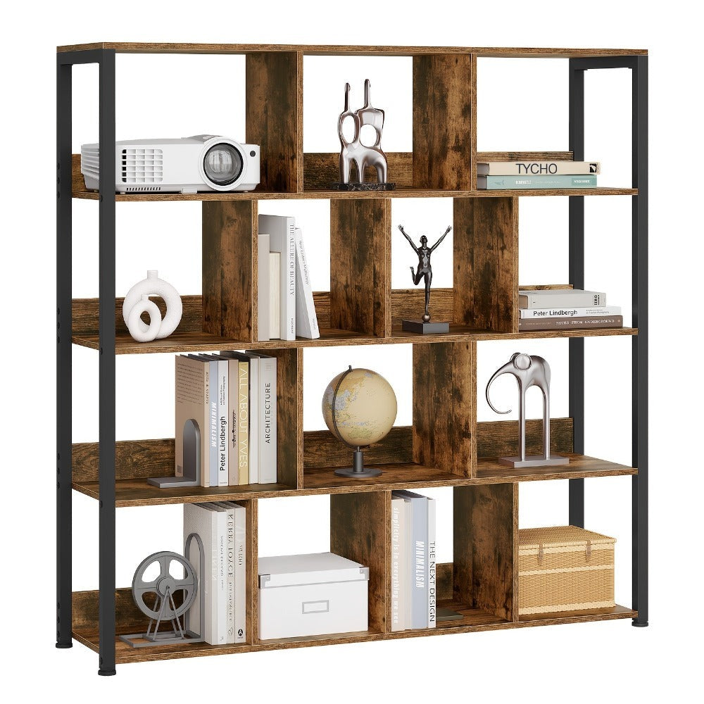 Estantería de Oficina, Estante de Almacenamiento, Estante de 4 Niveles, Estantería de 14 Compartimentos, Adecuada para Oficinas, Estudios y Salas de Estar, 120x30x120 cm, Color Madera Quemada/Veta de Madera Clara + Blanco