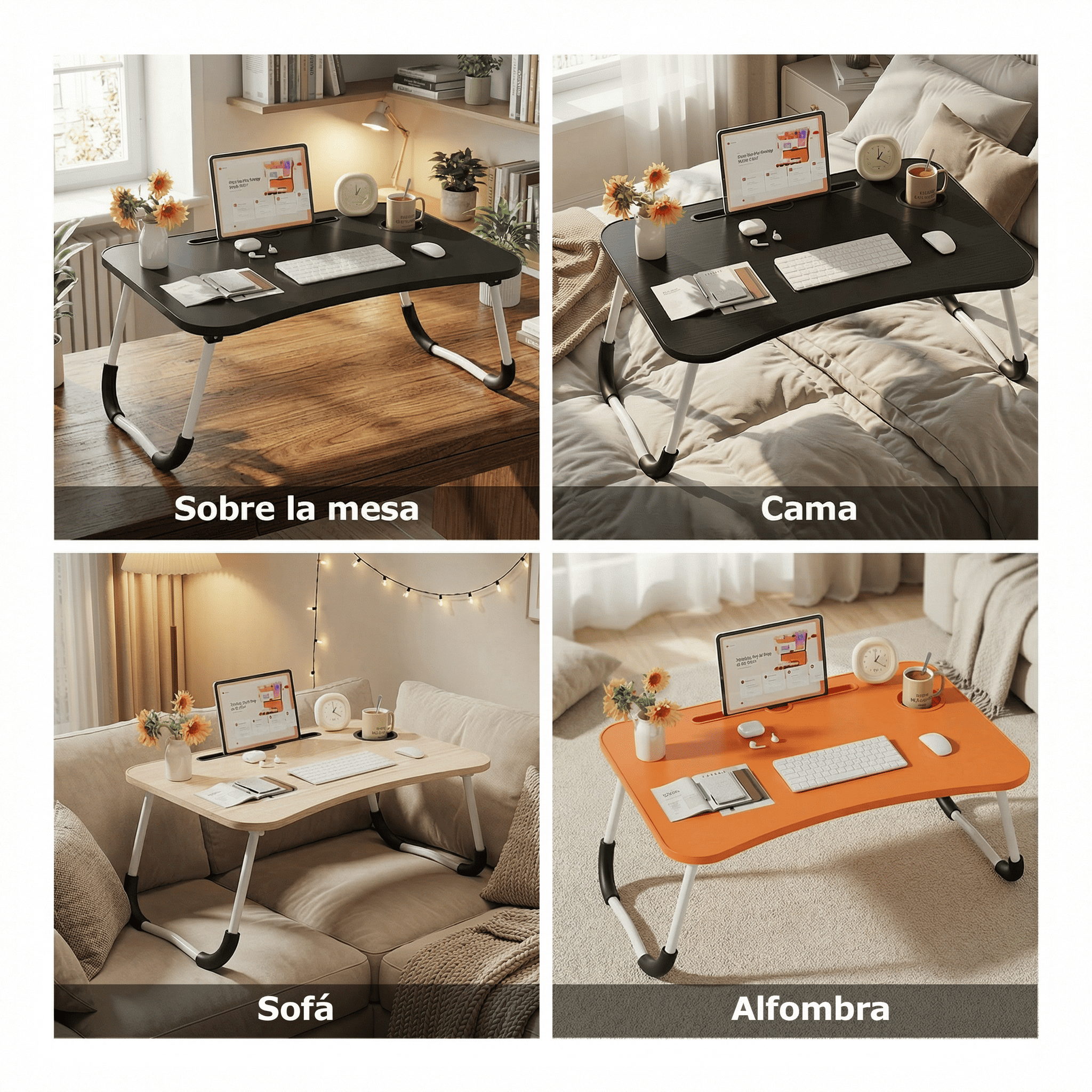 Mesa plegable para cama y sofá con portavasos, mesa auxiliar multifunción con atril para leer en la cama, bandeja multifunción para ordenador, libros, trabajo y estudio en casa (50x30x22cm)