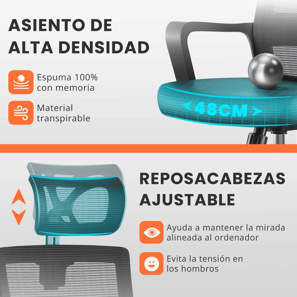 RELAXTY Silla de Oficina Ergonómica – Ajustable y Reclinable con Reposacabezas, Soporte Lumbar, Malla Transpirable y Ruedas 360° | Soporta Hasta 100 kg