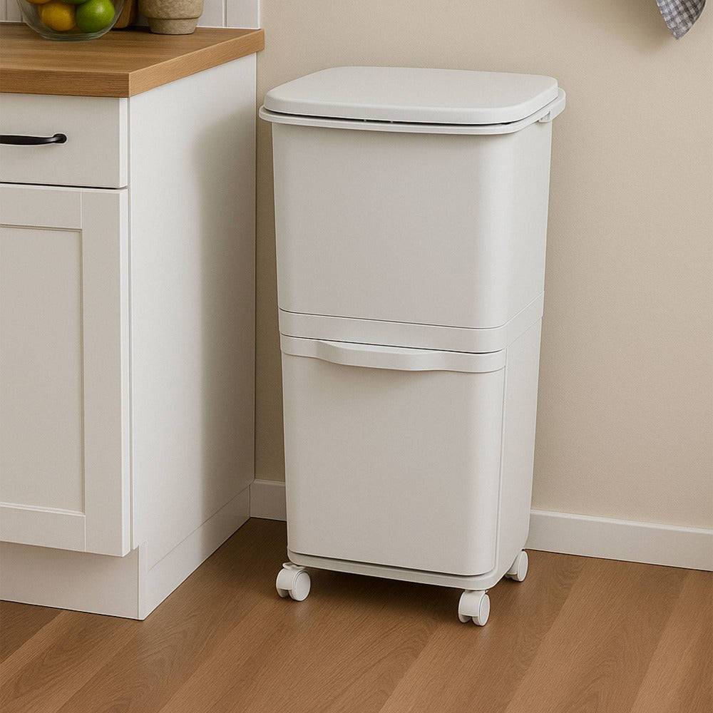 Papelera de reciclaje de clasificación selectiva con pedal. ruedas y asa de doble 38/42L
