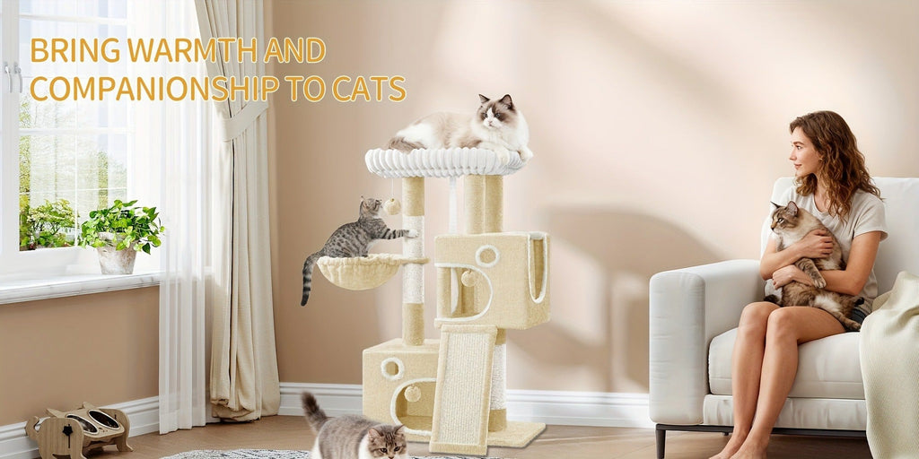 Torre para Gatos Pequeña, 98Cm de Alto, Espaciosa y Robusta, con un Perch Grande Suave, Juguetes de Felpa, Escondites, Postes para Rascar, Alfombrilla para Rascar Gatos, Disponible en Gris Claro/Gris Oscuro/Beige