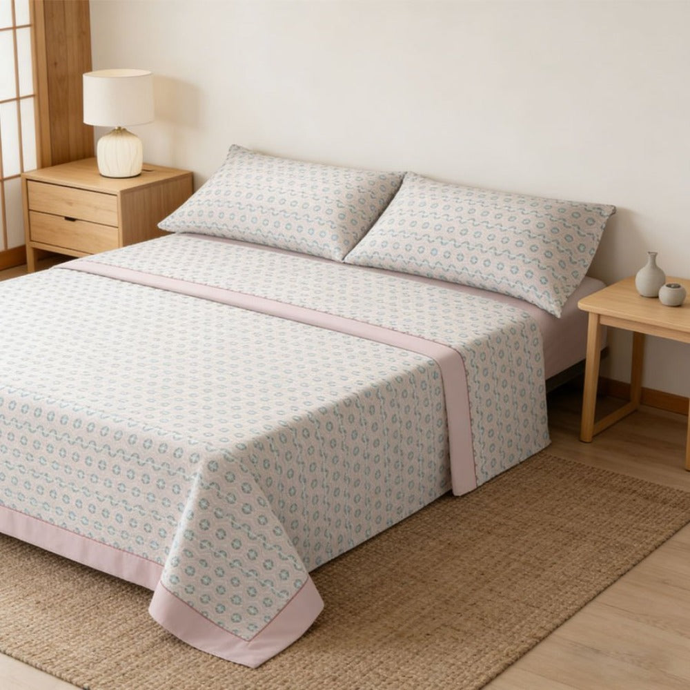 Juego de cama de 3 piezas con estampado de verano | Sábana bajera, colcha, funda de almohada | Estampado sencillo de hojas coloridas | Tela suave | 90 cm - Varios tamaños disponibles - Rosa