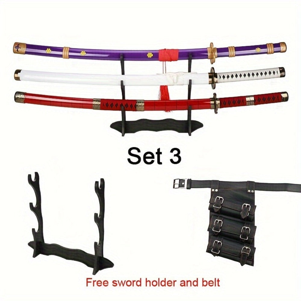 3 Piezas Set de Espadas Anime, Hoja de Bambú Segura No Afilada, Accesorio de Cosplay, Katana Espada Samurái, Regalo de Halloween y Navidad, Cinturón y Soporte para Espada