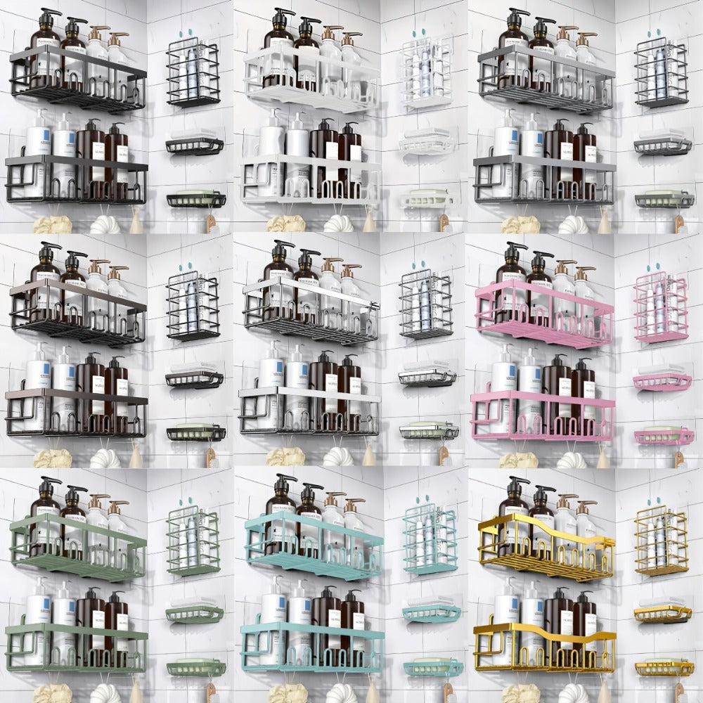 Organizador de ducha adhesivo, paquete de 5 organizadores de baño de acero inoxidable inoxidable a prueba de óxido de gran capacidad, estantes sin taladrar para almacenamiento de baño y decoración del hogar, propiedades de color aleatorio a elegir, organi