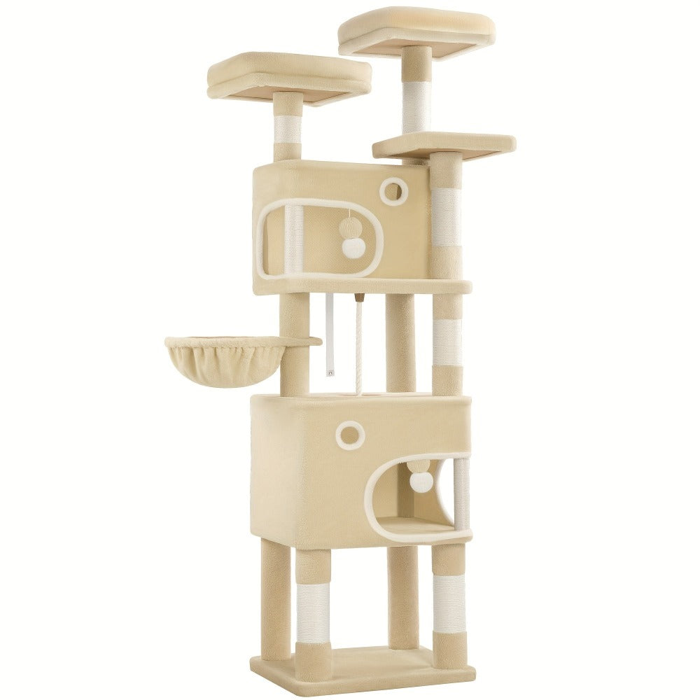 Árbol para Gatos, 180 cm con 8 Postes para Rascar, 3 Plataformas, 2 Cuevas, Cesta, Pelotas de Peluche, Cuerda de Sisal, Adecuado para Gatos de Varios Tamaños, Beige/Gris Claro/Gris Oscuro