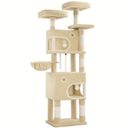 Árbol para Gatos, 180 cm con 8 Postes para Rascar, 3 Plataformas, 2 Cuevas, Cesta, Pelotas de Peluche, Cuerda de Sisal, Adecuado para Gatos de Varios Tamaños, Beige/Gris Claro/Gris Oscuro