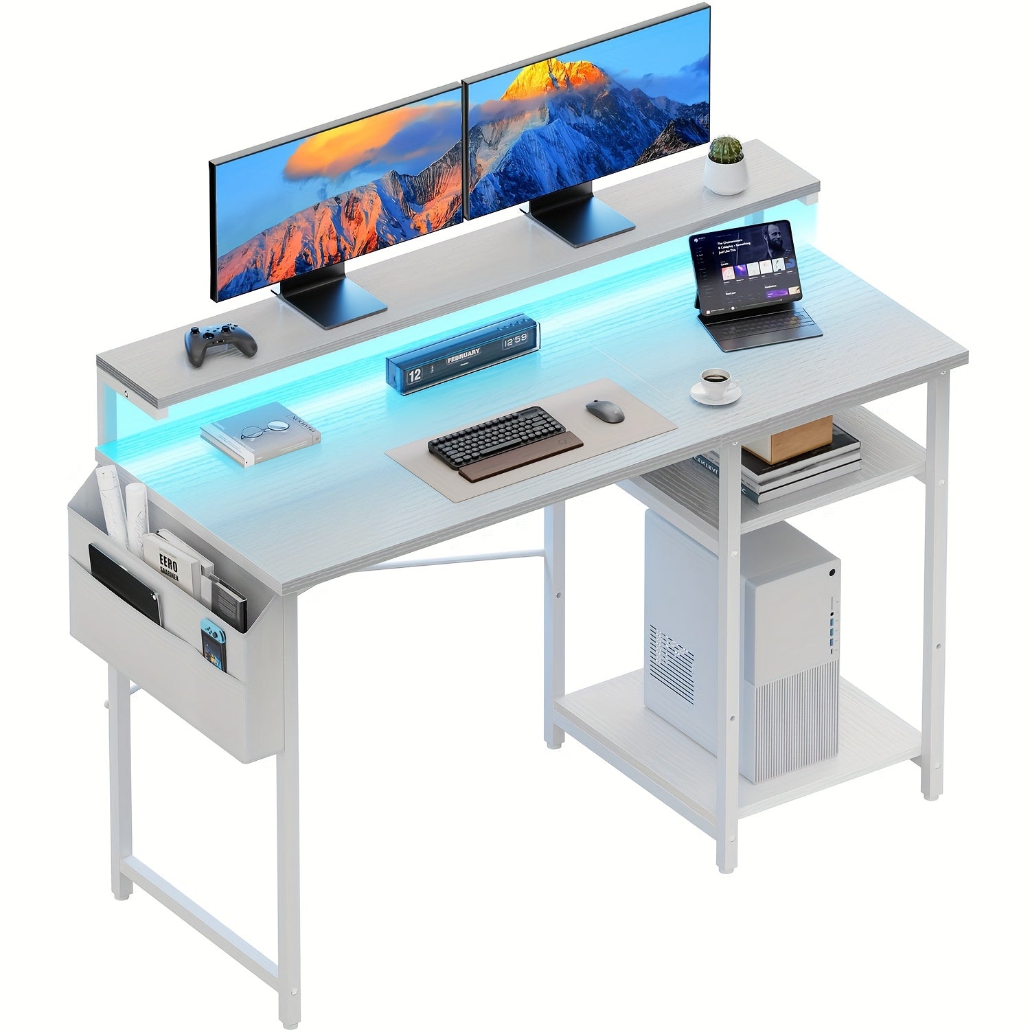 Escritorio FRODROVIA con Luz LED y Estante Ajustable en Altura, Escritorio para Oficina en Casa con Soporte para Monitor, Escritorio de Esquina con Bolsa de Almacenamiento Grande para Oficina en Casa, Estudio, Regalos de Navidad/Acción de Gracias
