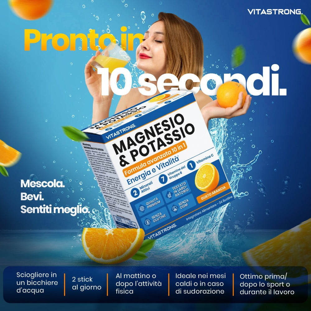 Vitastrong Magnesio y Potasio Fórmula 10 en 1, Sobres de Suplemento Multivitamínico de Potasio y Magnesio, 24 Barras con Vitamina C y Complejo B, Sin Sacarosa, Sin Gluten, Sabor a Naranja