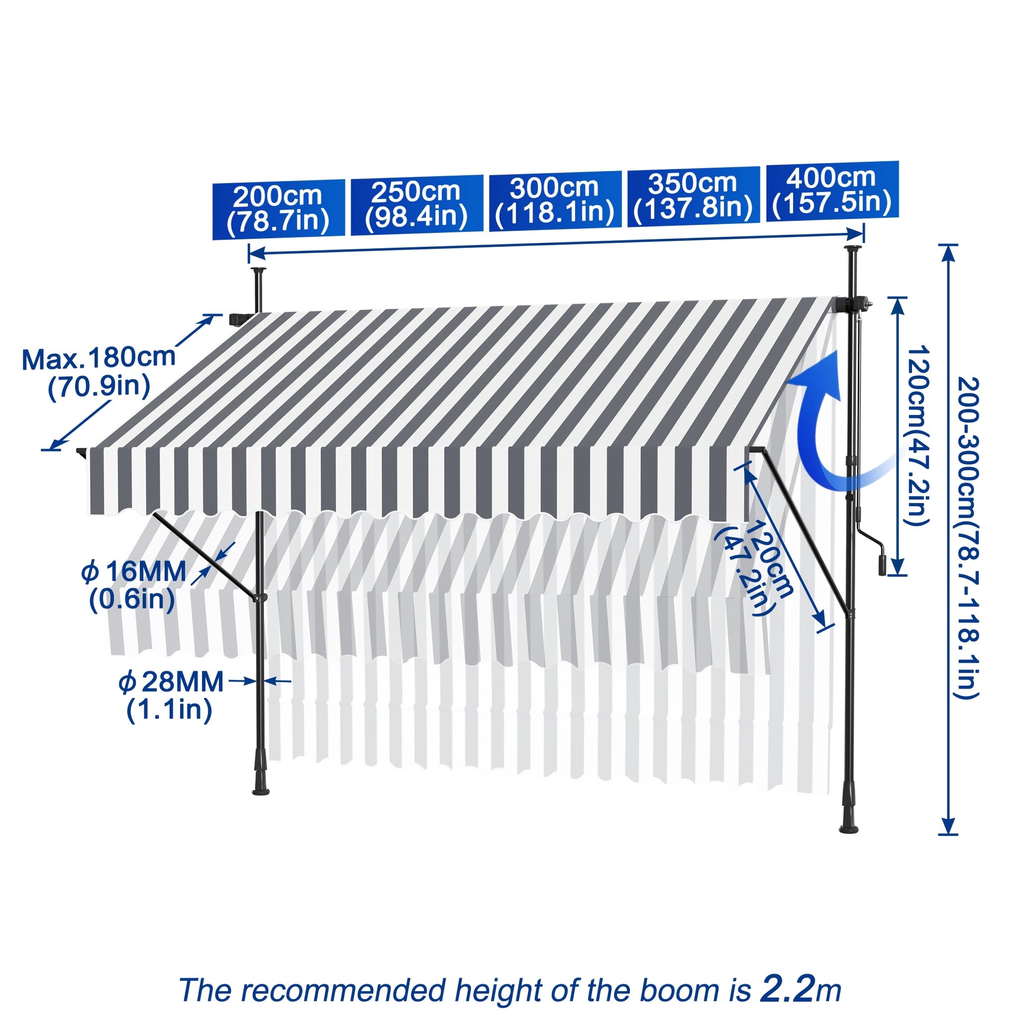 Funda para toldo de balcón con abrazadera, cubierta para toldo de balcón con manivela, sin perforación, altura ajustable para balcón y jardín