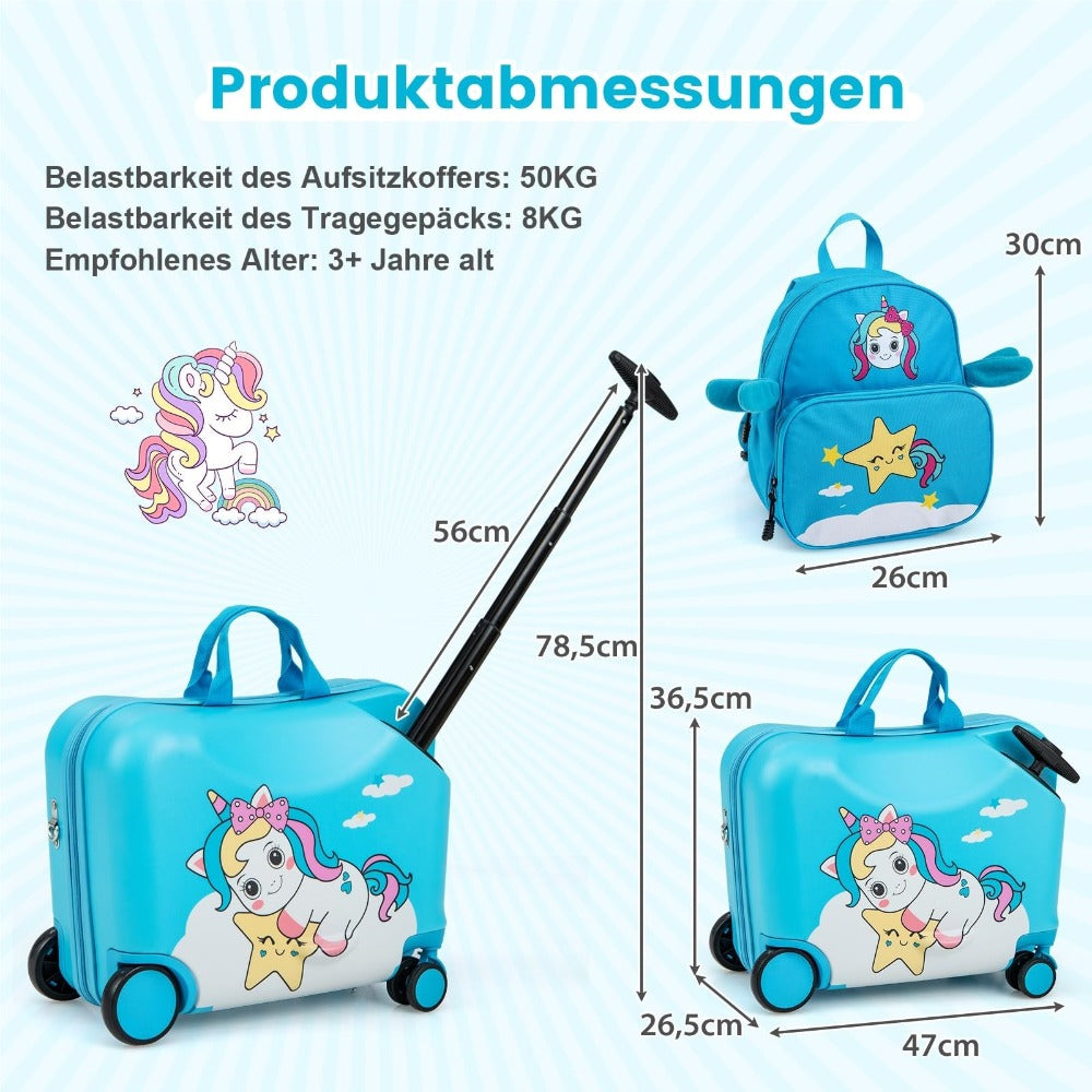 Maleta para niños de 2 en 1 + mochila, trolley de 12"+18" para niños con ruedas y carcasa dura impermeable, equipaje para niños, maleta con ruedas y mochila para niños y niñas (Unicornio azul)
