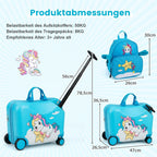 Maleta para niños de 2 en 1 + mochila, trolley de 12"+18" para niños con ruedas y carcasa dura impermeable, equipaje para niños, maleta con ruedas y mochila para niños y niñas (Unicornio azul)