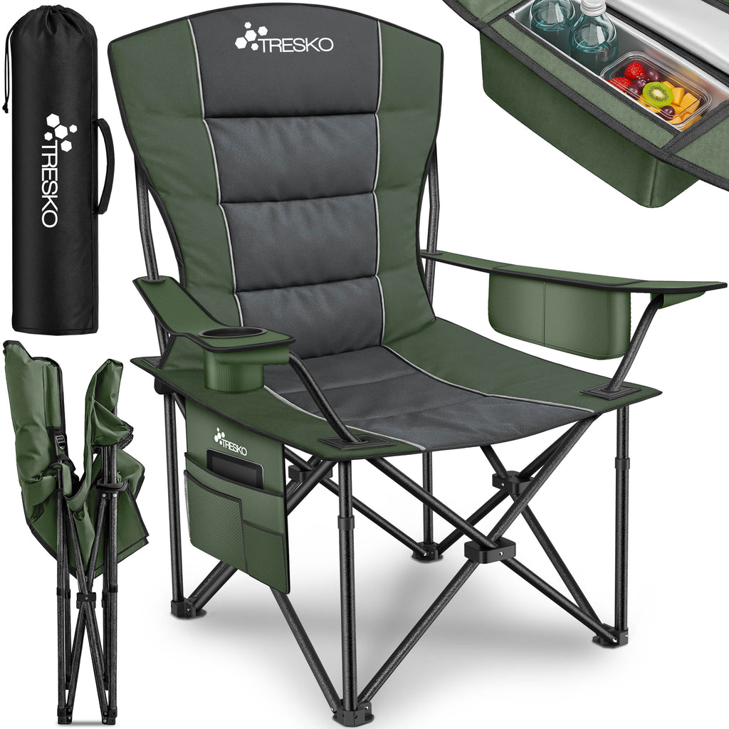 TRESKO® Silla de Camping Plegable hasta 200Kg | Silla Plegable con Bolsa Nevera, Portavasos y Bolsillo Lateral | Silla XXL Plegable Incluye Bolsa de Transporte | Silla de Pesca Acolchada para Exterior, Pesca, Festival y Jardín