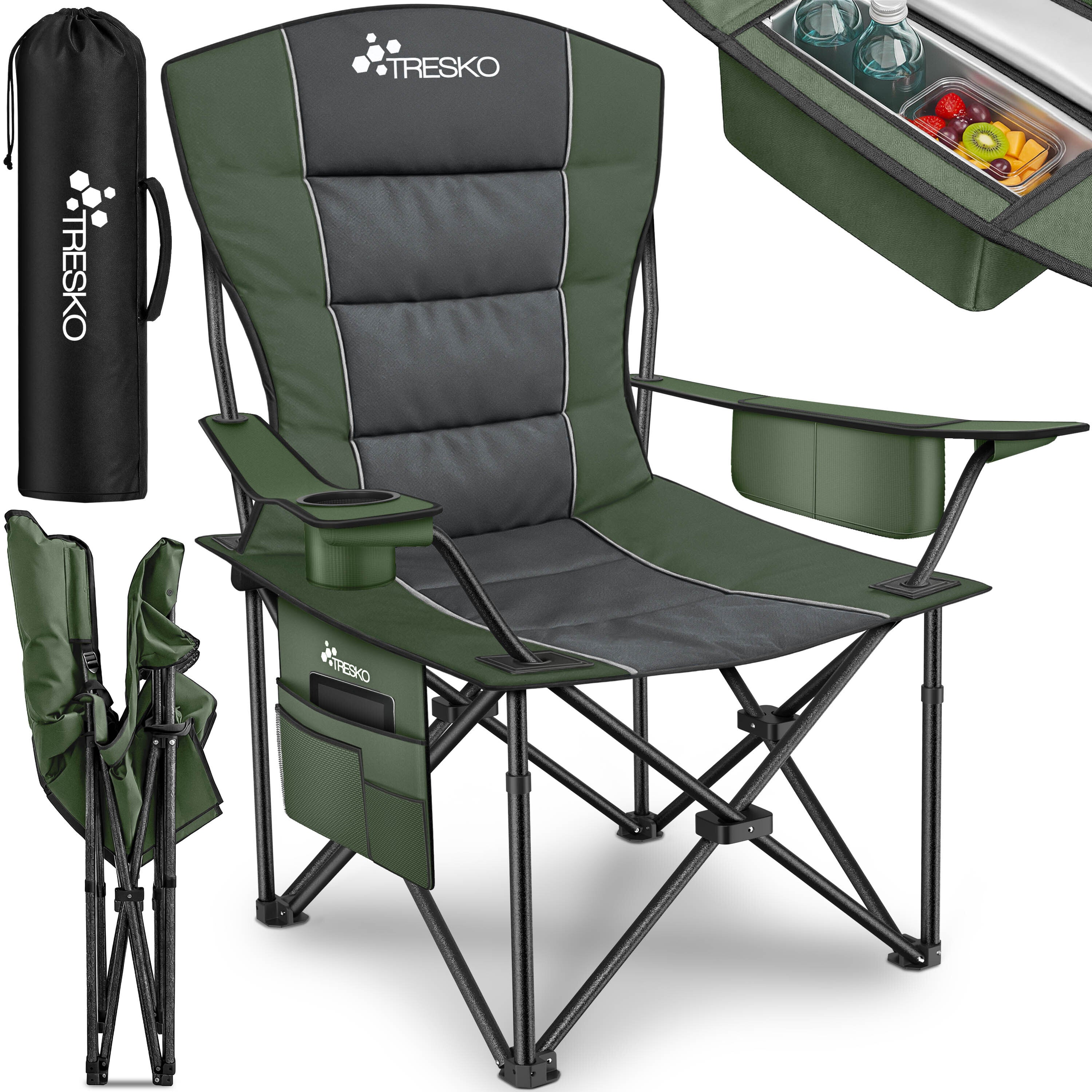 TRESKO® Silla de Camping Plegable hasta 200Kg | Silla Plegable con Bolsa Nevera, Portavasos y Bolsillo Lateral | Silla XXL Plegable Incluye Bolsa de Transporte | Silla de Pesca Acolchada para Exterior, Pesca, Festival y Jardín
