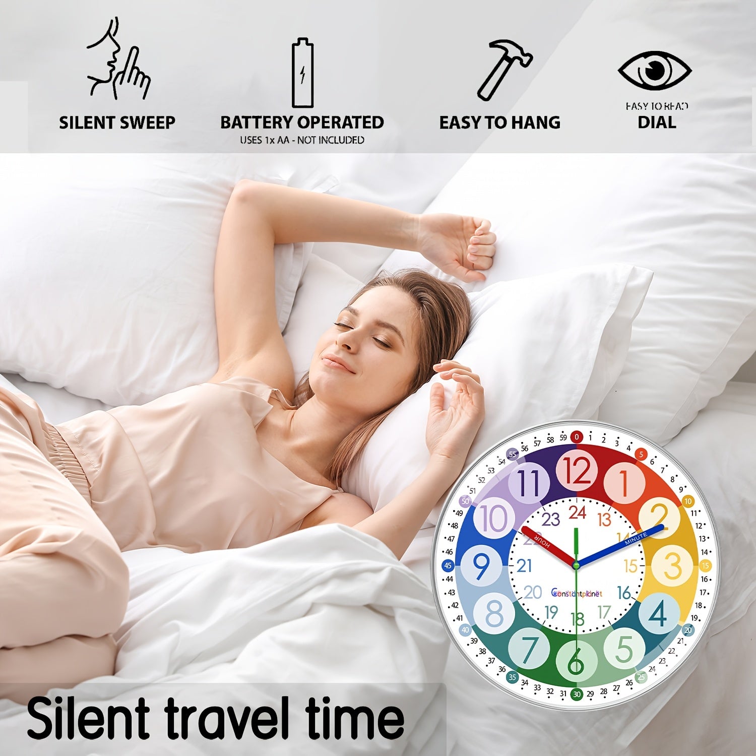 Reloj de pared de plástico con dibujos animados coloridos, con secciones de código de color para una fácil lectura, reloj silencioso de 20.32-30.48 cm (sin tic-tac), funciona con pilas, adecuado para aulas, dormitorios, salas de juegos, decoraciones de pa