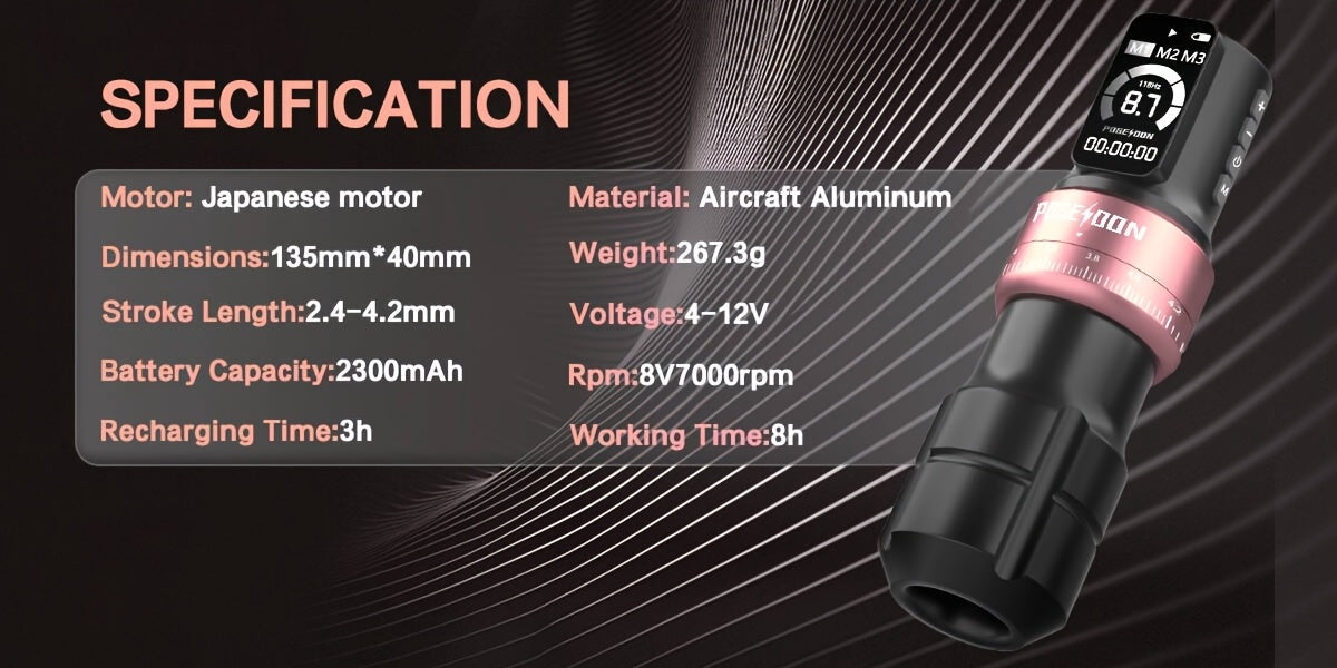 Kit de pluma máquina de tatuaje rotativa inalámbrica POSEIDON, motor sin núcleo de trazo ajustable de 2.4-4.2 mm, dos baterías con pantalla digital de 2300 mAh, viene con 10 agujas de tatuaje y otras adiciones