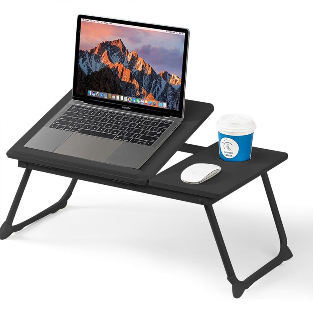 Mesa plegable para cama y sofá con altura ajustable de 5 niveles, bandeja con superficie ajustable y portavasos, mesa pequeña multifunción para ordenador, libros, trabajo y estudio en casa (56x32x25cm)