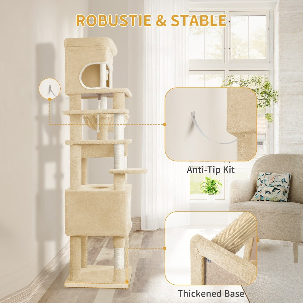 Rascador para Gatos, Árbol de 178 cm con Plataforma Grande, 2 Cuevas, 7 Postes Rascaresos, Pompones, Reposaderos y Hamaca, Adecuado para Todas las Razas de Gato, Gris Claro