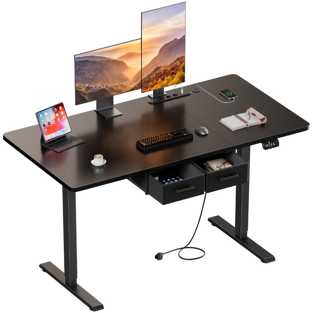 Escritorio de oficina eléctrico ajustable en altura, mesa de PC de oficina para juegos con enchufes incorporados, escritorio ajustable en altura para sentarse o estar de pie con 2 cajones de tela, escritorio grande, función de memoria, 5 tamaños