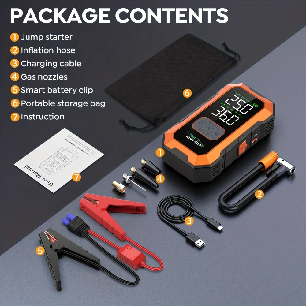 Arrancador de Coche 12000A con Compresor de Aire Inflador de Neumáticos Inalámbrico, Booster de Batería de 25000mAh con Pack de Batería Externa y Linternas LED, Caja de Arranque Automático de 12V para Todos los Vehículos de Gasolina o Diésel de 10.0L, Pan