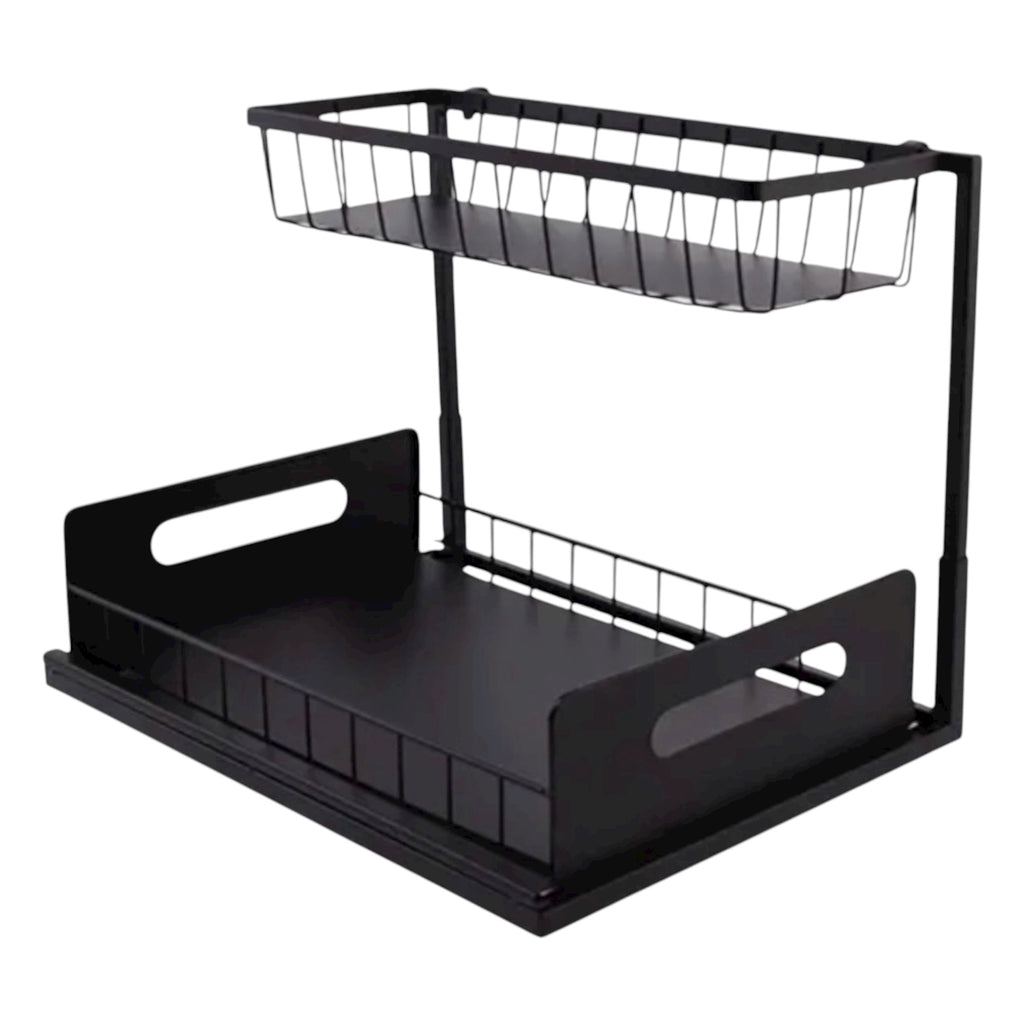 Organizador Cocina Almacenamiento de metal debajo del fregadero, organizador de cocina de 2 niveles con cajón de almacenamiento deslizante, organizador debajo del fregadero con ventosas mejoradas