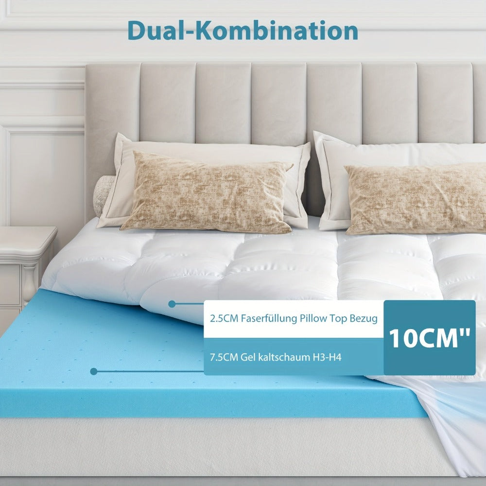 Colchón Topper de Doble Capa 10cm o 7.5cm con Almohadilla Transpirable de 2.5cm y Gel H3-H4 de 7.5cm o 5cm, Diseño de Bolsillo Profundo 360° y Funda Lavable a Máquina, Apto para Colchones 90x200, 120x140, 140x200, 160x200, 180x200, 200x200