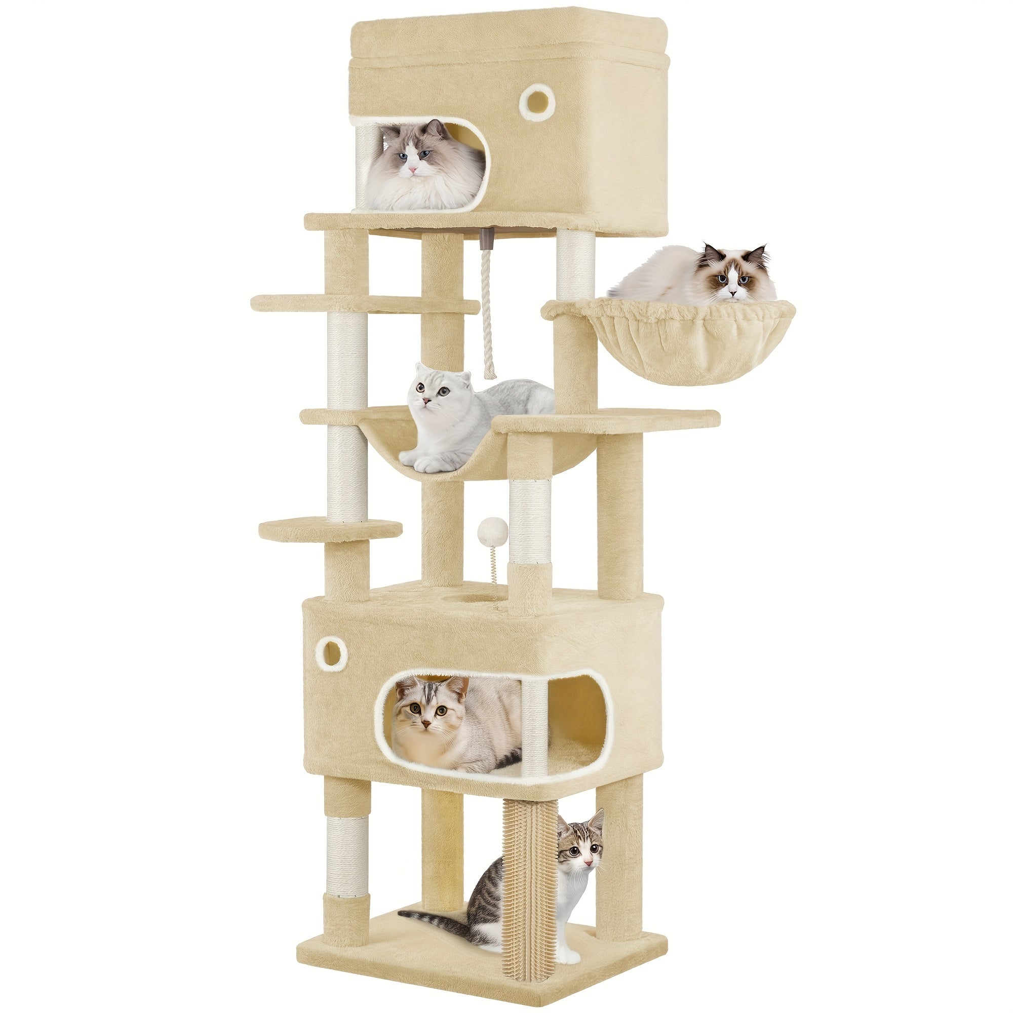 Rascador para Gatos, Árbol de 178 cm con Plataforma Grande, 2 Cuevas, 7 Postes Rascaresos, Pompones, Reposaderos y Hamaca, Adecuado para Todas las Razas de Gato, Gris Claro
