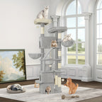 Poste Rascador Grande de 185cm, Torre para Gatos XXL, Árbol para Gato Maine con 7 Niveles y 3 Cuevas, Postes Rascadores, Gris Claro