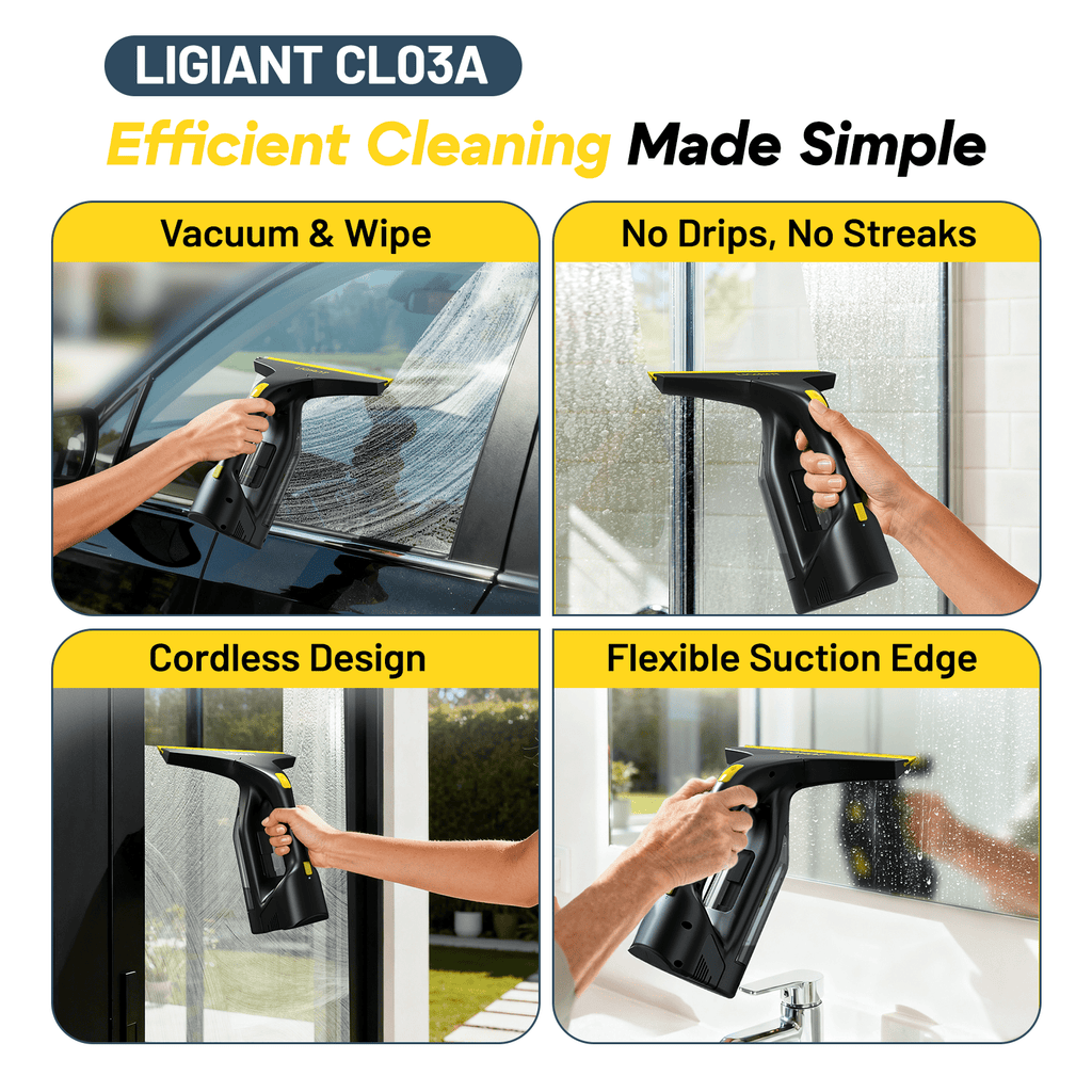 Aspiradora de Ventanas Inalámbrica LIGIANT – Autonomía de 60 Minutos, Boquilla de 280 mm, Diseño Ligero de 700 g, Incluye Botella de Spray y Paños de Microfibra, Carga Tipo-C, para Ventanas, Espejos, Azulejos y Duchas