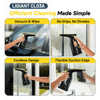 Aspiradora de Ventanas Inalámbrica LIGIANT – Autonomía de 60 Minutos, Boquilla de 280 mm, Diseño Ligero de 700 g, Incluye Botella de Spray y Paños de Microfibra, Carga Tipo-C, para Ventanas, Espejos, Azulejos y Duchas