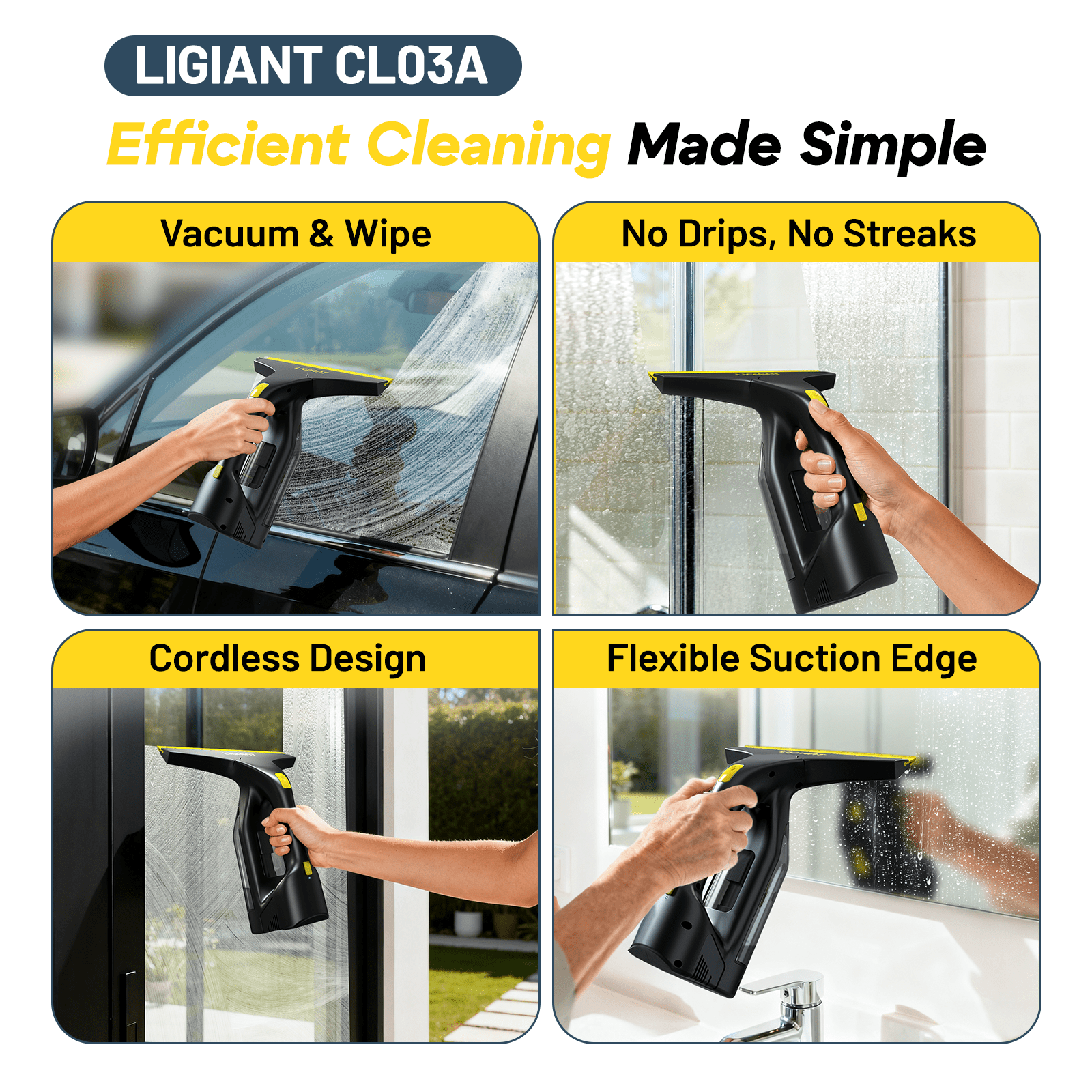 Aspiradora de Ventanas Inalámbrica LIGIANT – Autonomía de 60 Minutos, Boquilla de 280 mm, Diseño Ligero de 700 g, Incluye Botella de Spray y Paños de Microfibra, Carga Tipo-C, para Ventanas, Espejos, Azulejos y Duchas